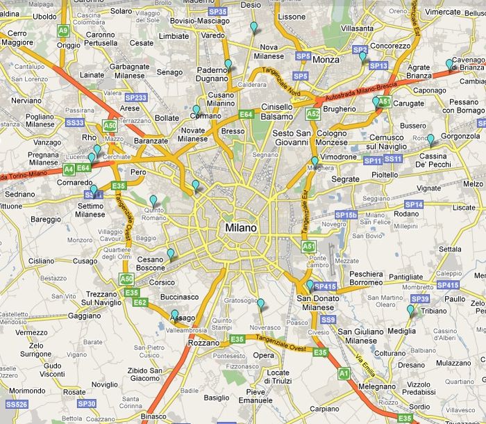 Area di Milano: i contrassegni azzurri segnalano i distributori di metano.