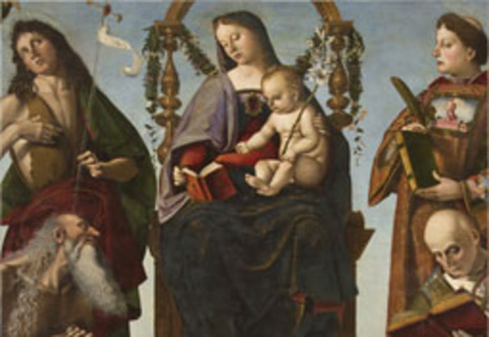Luca Signorelli, Vergine con il Bambino e i santi Giovanni Battista, Onofrio, Lorenzo (?) ed Ercolano (?) e un angelo (1483-84), dal Museo Capitolare della Cattedrale di S. Lorenzo, Perugia