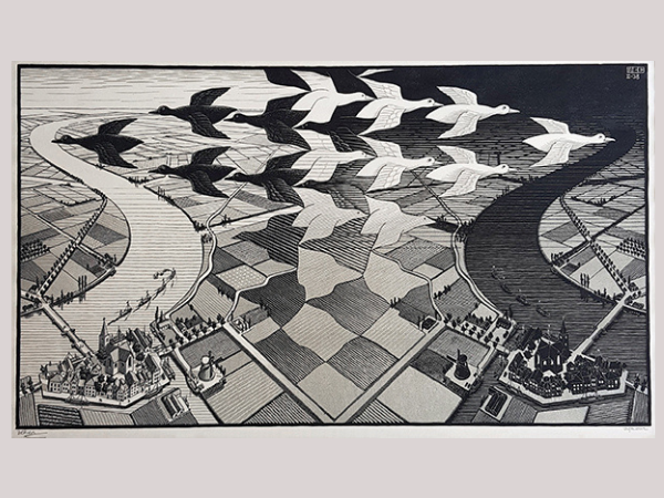 M.C. Escher, Giorno e notte, 1938. Xilografia, 49,5 x 77,8 cm. L’Aia, Kunstmuseum Den Haag © 2025 The M.C. Escher Company. All rights reserved (part.)