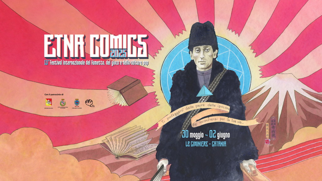 La locandina di EtnaComics su cui è disegnato un ritratto del catanese Franco Battiato