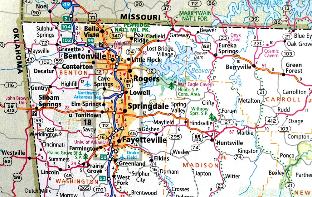 La mappa degli Ozarks, la zona Nord Ovest dell'Arkansas - foto Shutterstock